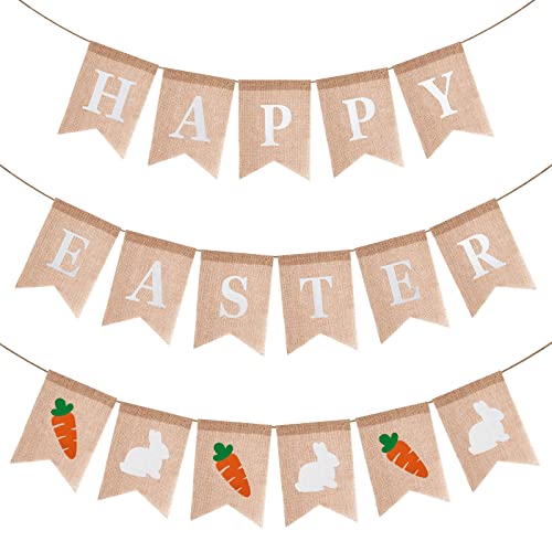 3pcs Easter Burlap Banner Decorations - Easter Bunny Carrot Burlap Banner Decor, Happy Easter banner Backdrops for Photography, Fireplace, Wall, Window, Yard Easter Decorations