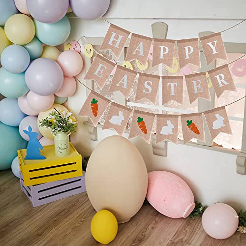 3pcs Easter Burlap Banner Decorations - Easter Bunny Carrot Burlap Banner Decor, Happy Easter banner Backdrops for Photography, Fireplace, Wall, Window, Yard Easter Decorations