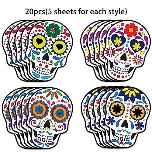 FaCraft Day of Dead Sugar Skulls Decorations,20pcs Dia de Los Muertos Skulls Sign Mexican Fiesta Skeleton Hanging Sign for Halloween Party Decorations Supplies