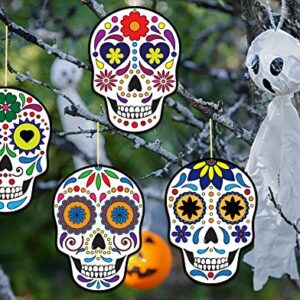 FaCraft Day of Dead Sugar Skulls Decorations,20pcs Dia de Los Muertos Skulls Sign Mexican Fiesta Skeleton Hanging Sign for Halloween Party Decorations Supplies