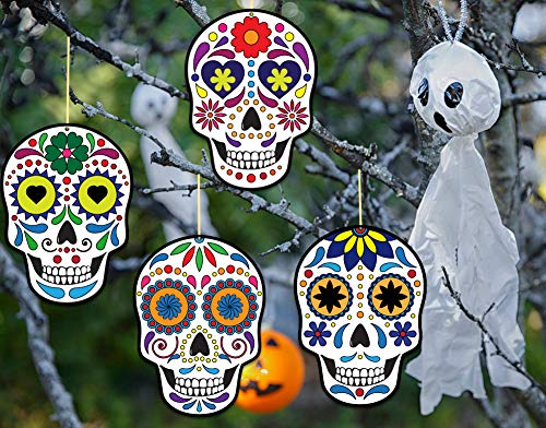 FaCraft Day of Dead Sugar Skulls Decorations,20pcs Dia de Los Muertos Skulls Sign Mexican Fiesta Skeleton Hanging Sign for Halloween Party Decorations Supplies