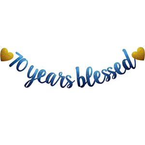 70 years blessed banner, pre-strung, blue glitter paper garlands for 70th birthday / wedding anniversary party decorations supplies, no assembly required,(blue)sunbetterland