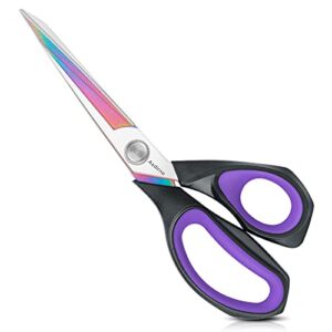 asdirne professional fabric scissors, heavy duty titanium coating sewing scissors, ultra-sharp blade fabric shear, ergonomic rubber handle, great for craft, sewing, leather tailor, 9.4”, black/purple