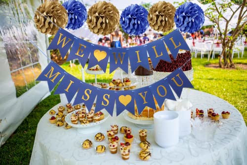 Vindeex We Will Miss You Supplies Kit, We Will Miss You Banner, 10Pcs Balloons, 12Pcs Swirl, 6Pcs Pom for Retirement Farewell Going Away Office Work Party Decorations Blue Gold