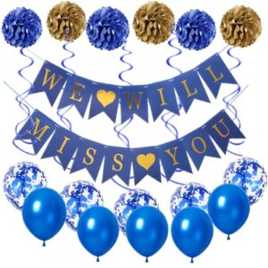 vindeex we will miss you supplies kit, we will miss you banner, 10pcs balloons, 12pcs swirl, 6pcs pom for retirement farewell going away office work party decorations blue gold