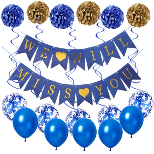 Vindeex We Will Miss You Supplies Kit, We Will Miss You Banner, 10Pcs Balloons, 12Pcs Swirl, 6Pcs Pom for Retirement Farewell Going Away Office Work Party Decorations Blue Gold