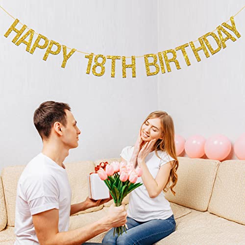 INNORU® Happy 18th Birthday Banner - Gold Glitter 18th Theme Letters Hang Bunting - 18th Birthday Party Decorations Supplies