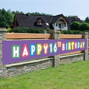 purple happy 16th birthday banner, 16th birthday party sign, 16 bday party supplies decorations