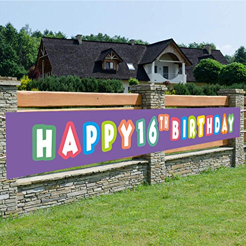 Purple Happy 16th Birthday Banner, 16th Birthday Party Sign, 16 Bday Party Supplies Decorations