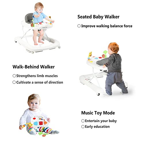 Kinder King 3 in 1 Folding Baby Walker, Activity Walker for Boys Girls, Learning-Seated, Toddler Walk-Behind w/Music Toys, Adjustable Height & Speed, Safety Bumper, Infant Walker Anti-Rollover, Grey