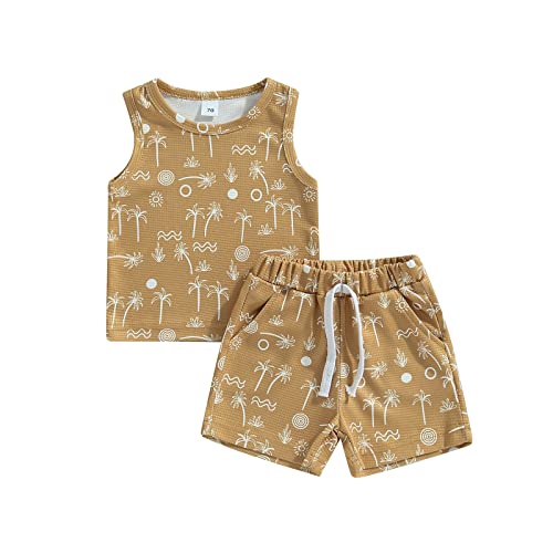 Toddler Baby Boy Summer Waffle Clothes Outfits Set Sleeveless Tree Fish Print Tank Tops + Shorts Set (Yellow, 12-18 Months)