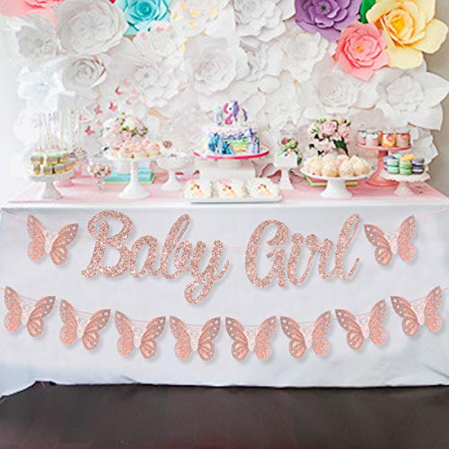 Butterfly Baby Shower Decorations for Girl Butterfly Baby Shower Banner Butterfly Glitter Garland Rose Gold Butterfly Garden Baby Shower Decorations for Girl Spring Theme Party, Home Room Decor