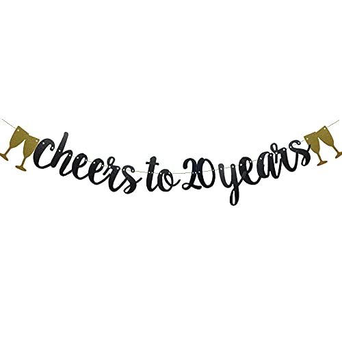 Cheers To 20 Years Banner,Pre-Strung, Black Paper Glitter Party Decorations for 20TH Wedding Anniversary 20 Years Old 20TH Birthday Party Supplies Letters Black Betteryanzi