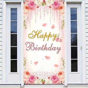 rose gold birthday door banner decorations, pink flower happy birthday door cover sign party supplies for women girls, 16th 21st 30th 40th 50th 60th birthday photo booth background decor