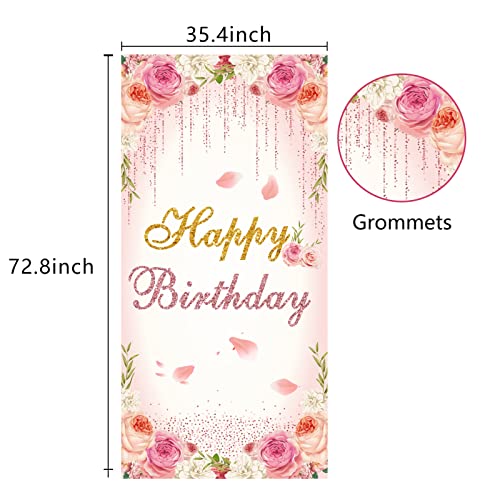 Rose Gold Birthday Door Banner Decorations, Pink Flower Happy Birthday Door Cover Sign Party Supplies for Women Girls, 16th 21st 30th 40th 50th 60th Birthday Photo Booth Background Decor