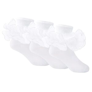 auranso 3 pack girls lace ruffle socks big double frilly turn cuff dress socks white 18-24 months