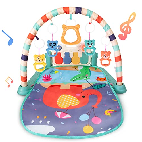 Baby Gym Play Mat, Kick and Play Piano Gym Mat for Infants, Tummy Time Mat Activity Center with Mirror for Newborn Toys 3-6-9 Months(Green)