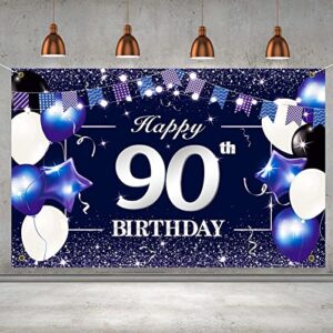 p.g collin happy 90th birthday banner backdrop sign background 90 birthday party decorations supplies for him men 6 x 4ft, blue white 90