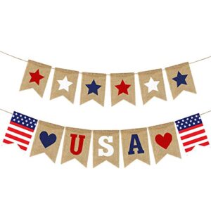 usa banner burlap- 4th of july decorations- rustic patriotic banner -red white blue stars bunting garland for president day- 4th of july party supplies- 4th of july patriotic outdoor indoor hanging decor