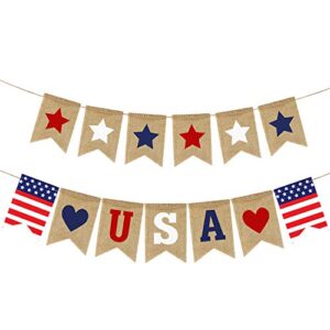 USA Banner Burlap- 4th of July Decorations- Rustic Patriotic Banner -Red White Blue Stars Bunting Garland for President Day- 4th of July Party Supplies- 4th of July Patriotic Outdoor Indoor hanging Decor