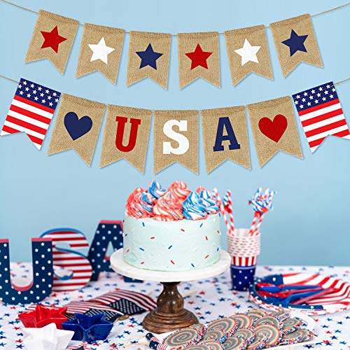 USA Banner Burlap- 4th of July Decorations- Rustic Patriotic Banner -Red White Blue Stars Bunting Garland for President Day- 4th of July Party Supplies- 4th of July Patriotic Outdoor Indoor hanging Decor