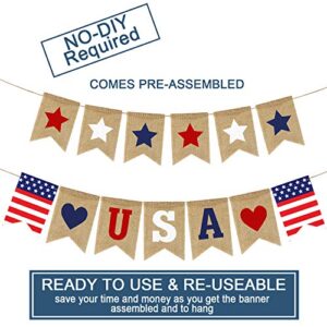 USA Banner Burlap- 4th of July Decorations- Rustic Patriotic Banner -Red White Blue Stars Bunting Garland for President Day- 4th of July Party Supplies- 4th of July Patriotic Outdoor Indoor hanging Decor