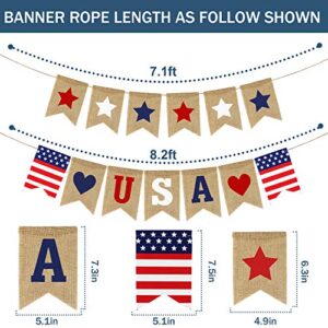USA Banner Burlap- 4th of July Decorations- Rustic Patriotic Banner -Red White Blue Stars Bunting Garland for President Day- 4th of July Party Supplies- 4th of July Patriotic Outdoor Indoor hanging Decor
