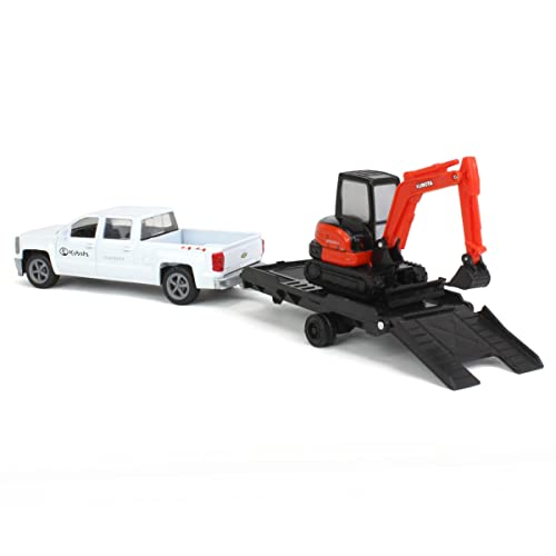 New Ray New 10" NEWRAY KUBOTA Collection - Kubota KX040 Excavator with White Ford F-250 Super Duty Pickup & Trailer (Orange, Black) Model Toys