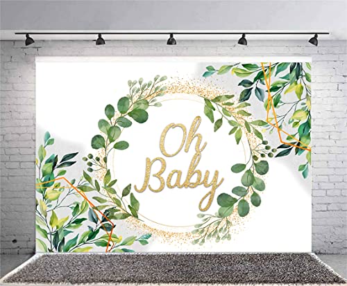 Flowerstown Oh Baby Backdrop 5x3ft Oh Baby Sign for Backdrop Green Leaves Floral Baby Shower backdrops for Photography Newborn Announce Pregnancy Party Decorations Backdrop FT090-XS