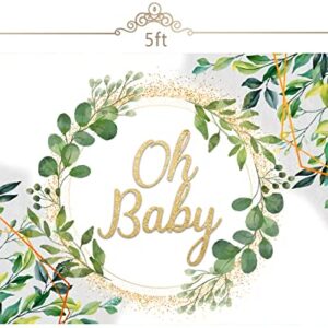 Flowerstown Oh Baby Backdrop 5x3ft Oh Baby Sign for Backdrop Green Leaves Floral Baby Shower backdrops for Photography Newborn Announce Pregnancy Party Decorations Backdrop FT090-XS