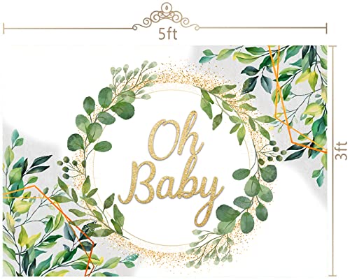 Flowerstown Oh Baby Backdrop 5x3ft Oh Baby Sign for Backdrop Green Leaves Floral Baby Shower backdrops for Photography Newborn Announce Pregnancy Party Decorations Backdrop FT090-XS