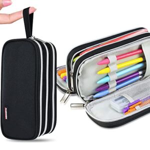 vakoo pencil case, big capacity pencil pouch with 3 compartments, stationery storage box makeup bag school office supplies for girls, boys, teenagers, students – black