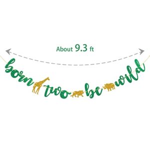 Born Two Be Wild Banner, 2nd Birthday Supplies, Jungle Theme Party Banner Sign, Green Glitter Baby Shower Party Decorations, Cheers to Two Years Old Party Hanging Banner