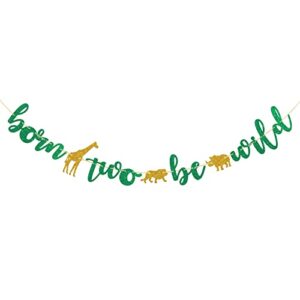 born two be wild banner, 2nd birthday supplies, jungle theme party banner sign, green glitter baby shower party decorations, cheers to two years old party hanging banner