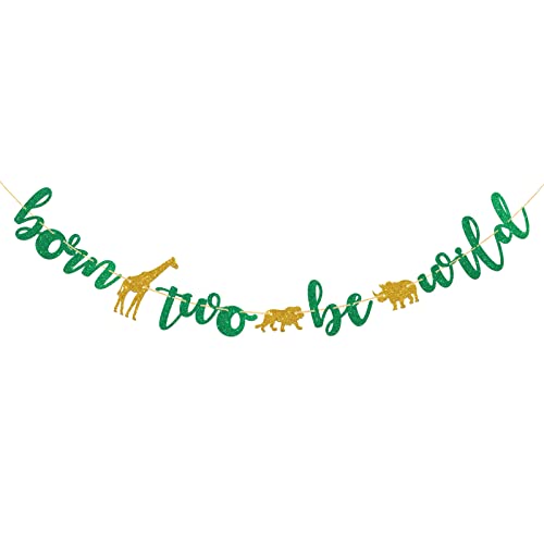 Born Two Be Wild Banner, 2nd Birthday Supplies, Jungle Theme Party Banner Sign, Green Glitter Baby Shower Party Decorations, Cheers to Two Years Old Party Hanging Banner