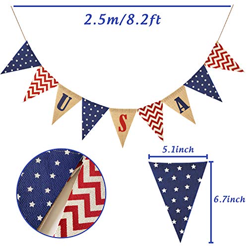 Adurself USA Triangle Flag Burlap Banner 4th of July American Stars and Chevron Triangle Pennant Garland Patriotic Fourth of July Independence Day Decoration Garden Mantel Fireplace Bunting Sign