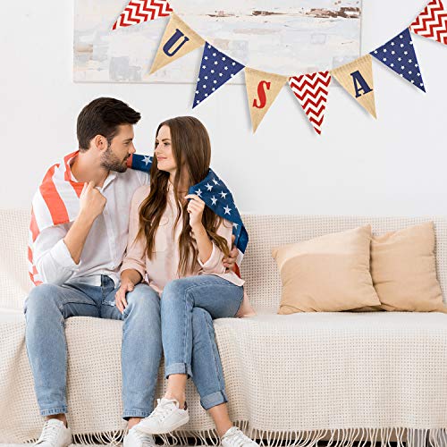 Adurself USA Triangle Flag Burlap Banner 4th of July American Stars and Chevron Triangle Pennant Garland Patriotic Fourth of July Independence Day Decoration Garden Mantel Fireplace Bunting Sign