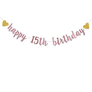 xiaoluoly rose gold glitter banner,pre-strung,15th birthday party decorations bunting sign backdrops,happy 15th birthday
