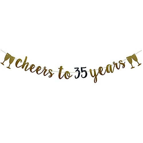 Cheers To 35 Years Banner,Pre-Strung, Gold And Black Glitter Paper Party Decorations For 35 TH Wedding Anniversary 35 Years Old 35TH Birthday Party Supplies Letters Black And Gold Betteryanzi