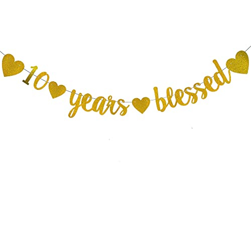 WEIANDBO 10 Years Blessed Gold Glitter Banner,Pre-Strung,10th Birthday / Wedding Anniversary Party Decorations Bunting Sign Backdrops,10 Years Blessed