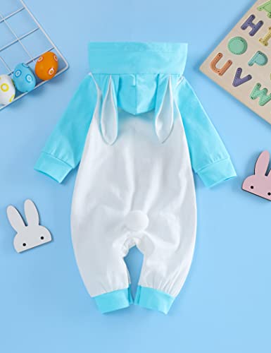 My 1st Easter Outfits Newborn Baby Boy Clothes Long Sleeve Rabbit Printed Rompers Jumpsuits Hoodies (White+Blue, 3-6Months)