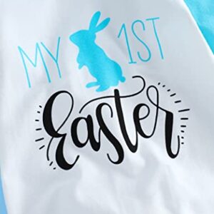 My 1st Easter Outfits Newborn Baby Boy Clothes Long Sleeve Rabbit Printed Rompers Jumpsuits Hoodies (White+Blue, 3-6Months)