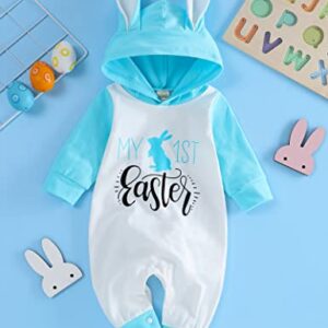 My 1st Easter Outfits Newborn Baby Boy Clothes Long Sleeve Rabbit Printed Rompers Jumpsuits Hoodies (White+Blue, 3-6Months)