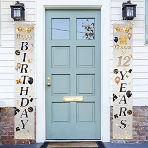 happy 12th birthday porch sign door banner decor gray – cheers to 12 years old party theme decorations for boys girls supplies