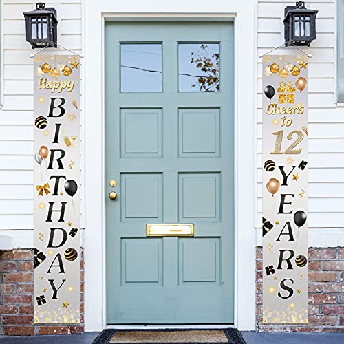 Happy 12th Birthday Porch Sign Door Banner Decor Gray – Cheers to 12 Years Old Party Theme Decorations for Boys Girls Supplies