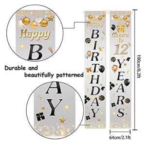 Happy 12th Birthday Porch Sign Door Banner Decor Gray – Cheers to 12 Years Old Party Theme Decorations for Boys Girls Supplies