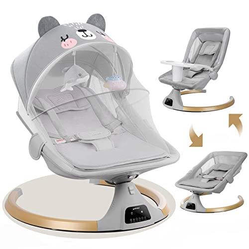 Baby Swings for Infants to Toddler,3 in 1 Electric Remote Control Baby Bouncers for Infants with Detachable Dinner Plate,4 Sway Ranges,Bluetooth Support Heavy Duty Base Baby Rocker for 0-24 Month