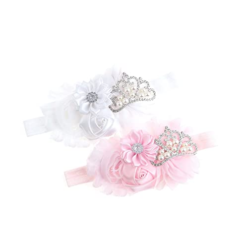 Nishine Baby Christening Headband Toddler Girls Fabric Flower Headband Tiara Stretchy Elastic in Pairs (Child, White/Pink)