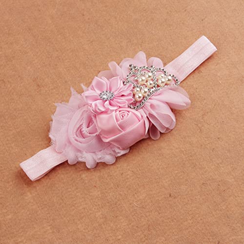 Nishine Baby Christening Headband Toddler Girls Fabric Flower Headband Tiara Stretchy Elastic in Pairs (Child, White/Pink)