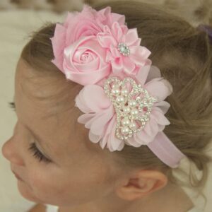 Nishine Baby Christening Headband Toddler Girls Fabric Flower Headband Tiara Stretchy Elastic in Pairs (Child, White/Pink)